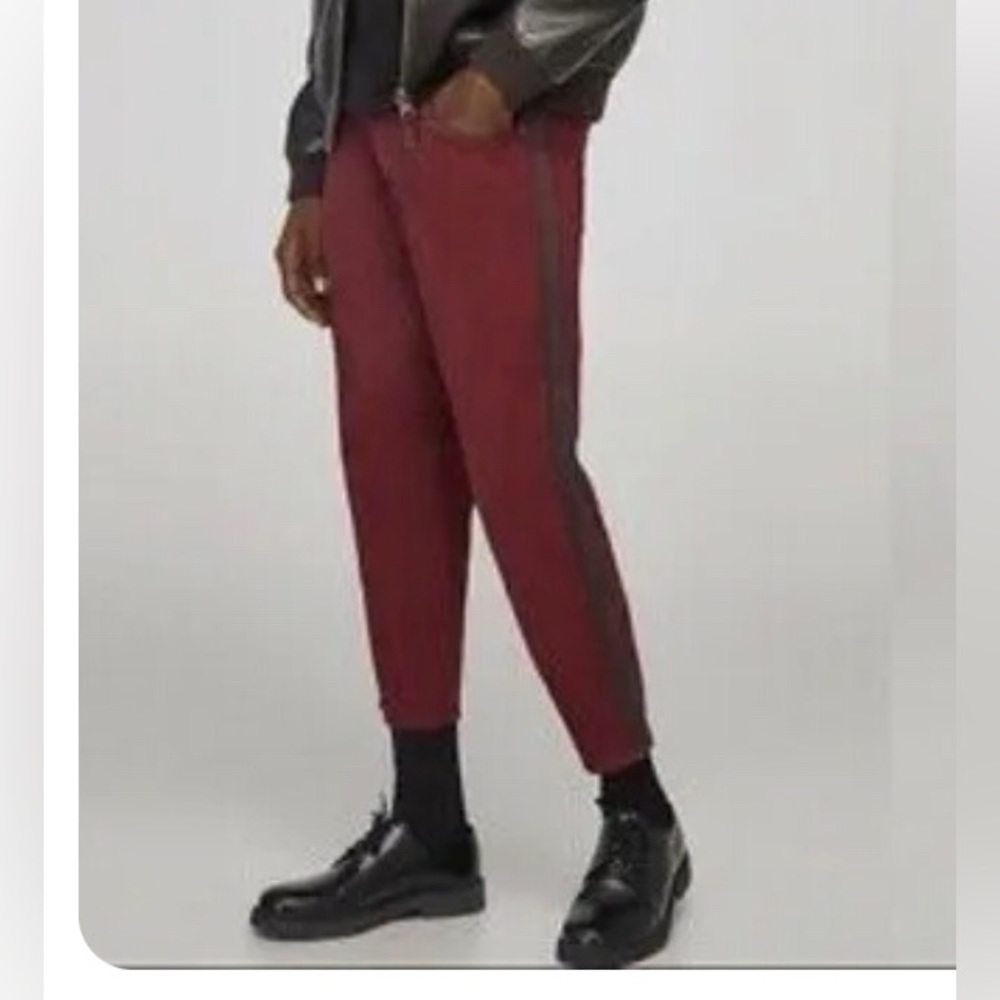 ZARA MAN Mens Loose Fit Cropped Burgundy Denim Jeans With Side Stripes 40W NWT